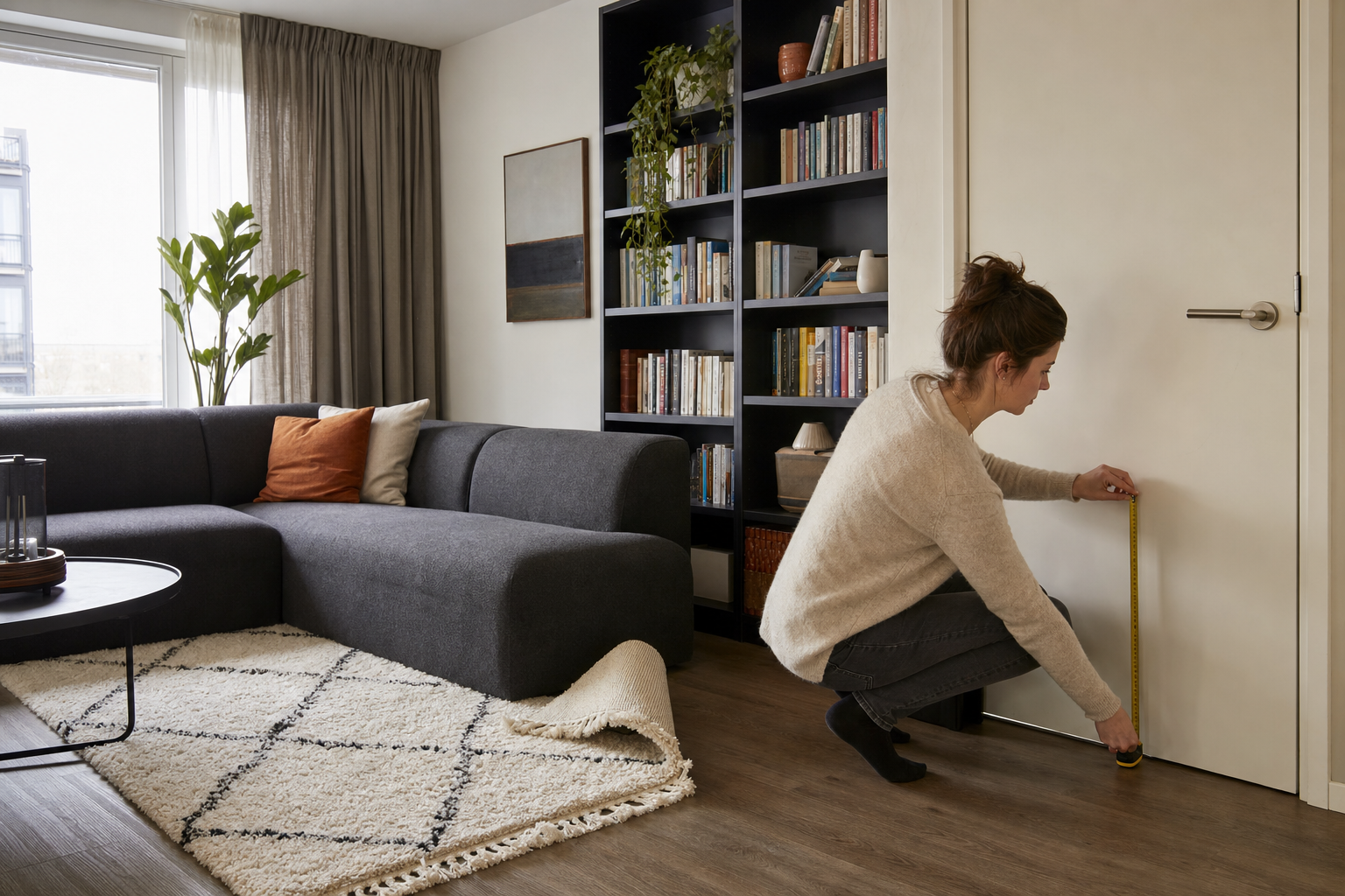 Bewoner meet de kier langs een binnendeur in een woonkamer met gordijnen, vloerkleed en boekenkast