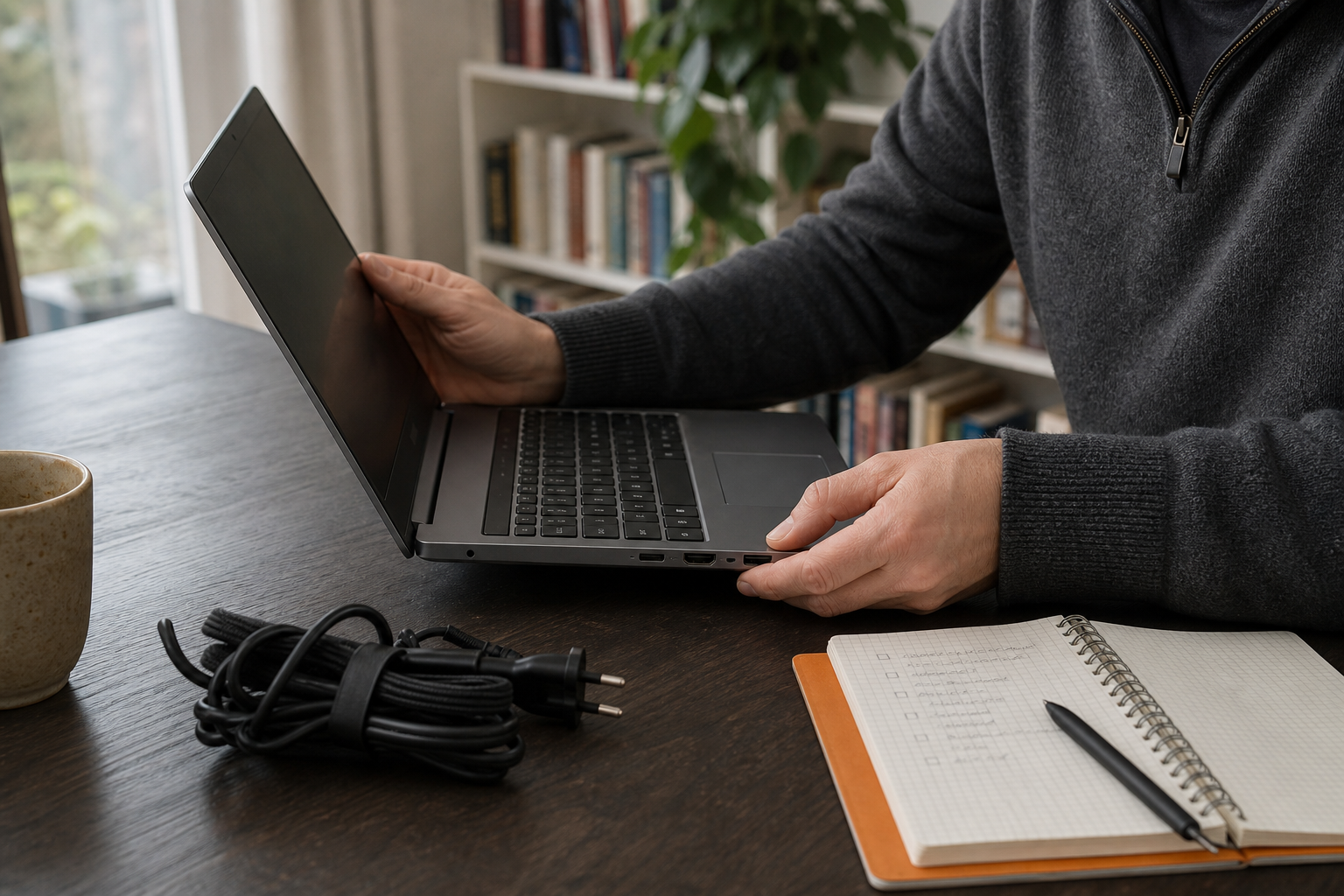 Iemand controleert thuis de aansluitingen van een refurbished laptop met een notitieboek ernaast