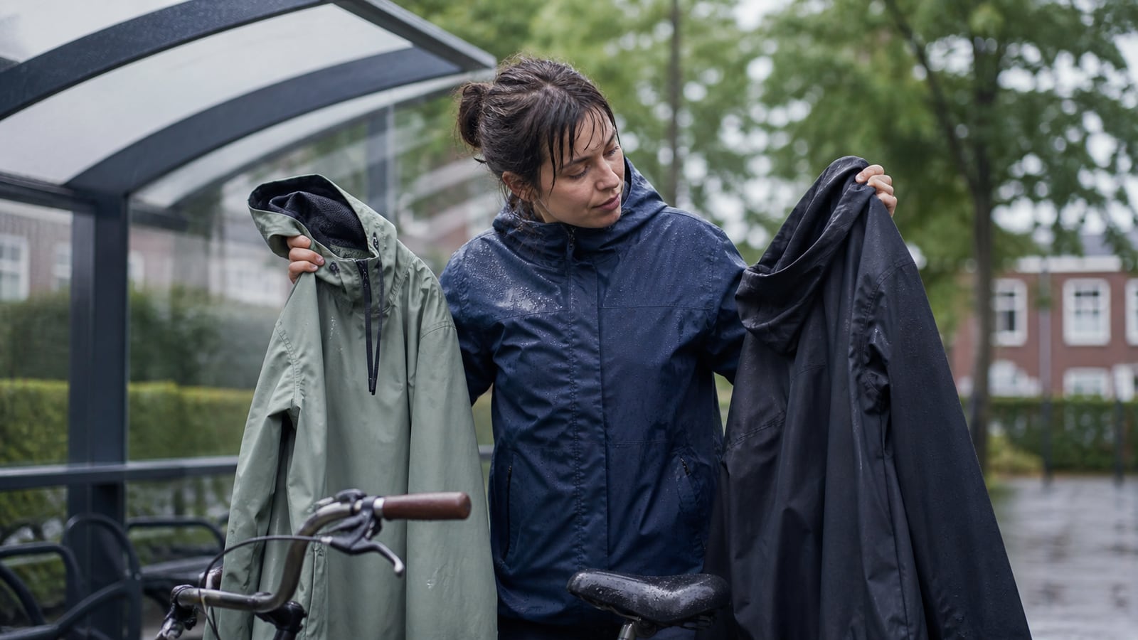 Fietser vergelijkt twee regenjassen bij een overdekte fietsenstalling