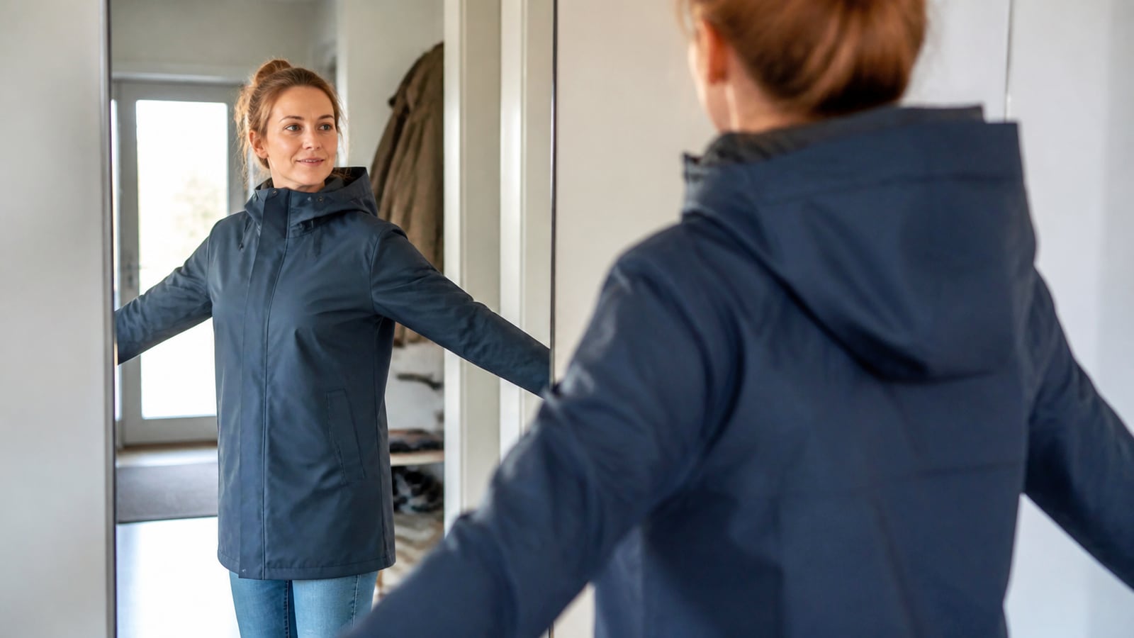 Vrouw controleert de pasvorm en bewegingsruimte van haar regenjas