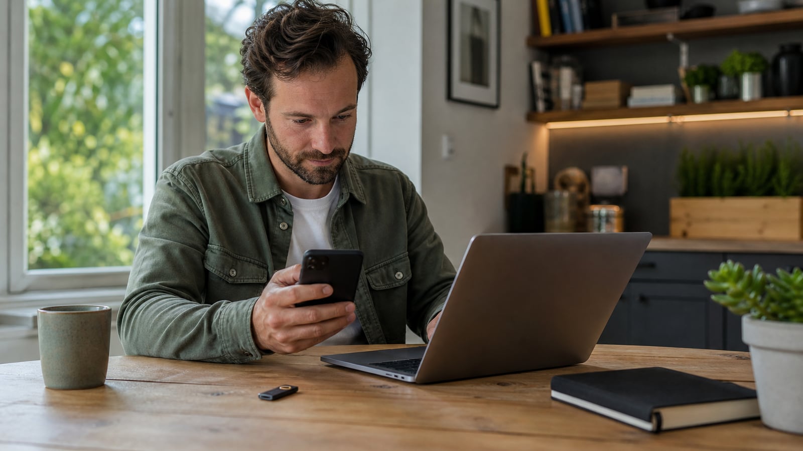 Gebruiker stelt rustig een wachtwoordmanager in op laptop en telefoon