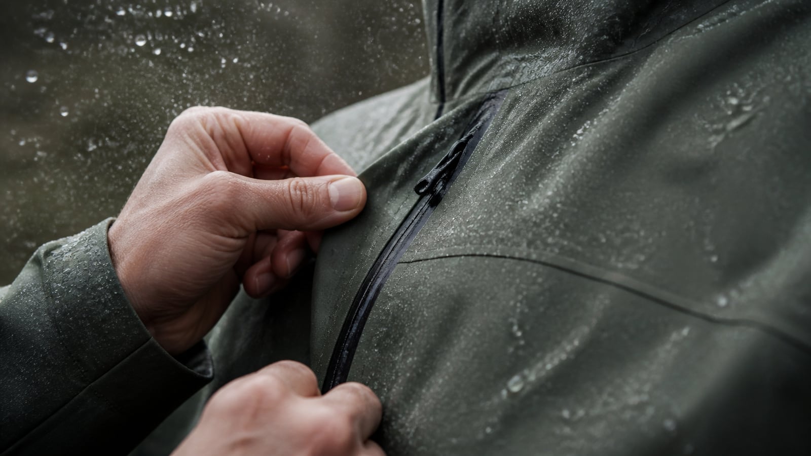 Waterdruppels parelen op de naden van een regenjas